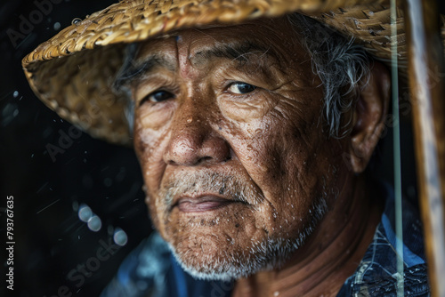 Intense Portrait of an Elderly Asian Fisherman Wearing a Traditional Hat