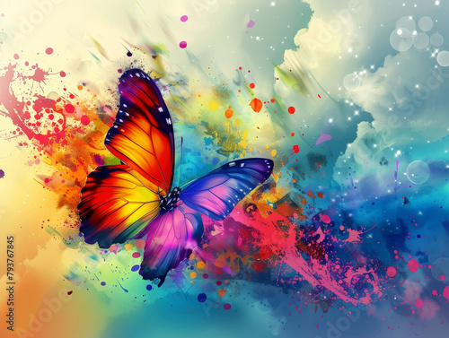 A colorful butterfly with a splash of paint on its wings © Toey Meaong