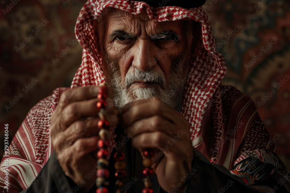 Elderly Middle Eastern Man with Traditional Keffiyeh Concentrated on Prayer Beads