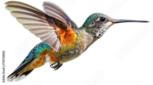 Small colorful hummingbird flying in air with extended with © Barosanu