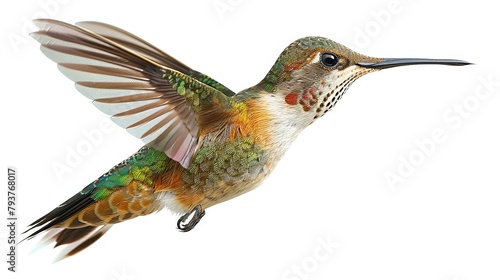 Small colorful hummingbird flying in air with extended with