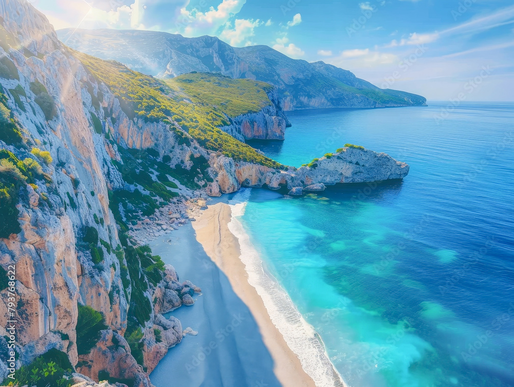 Fototapeta premium A beautiful beach with a rocky cliff in the background