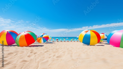 A group of colorful beach balls lay scattered on a sandy beach