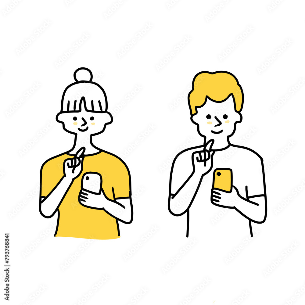 illustration of a man and woman using a smartphone illustration of a man and woman using a smartphone