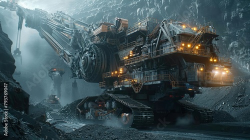 Mechanical behemoths carving through earth layers in a display of power and human engineering in mining operations #793769047
