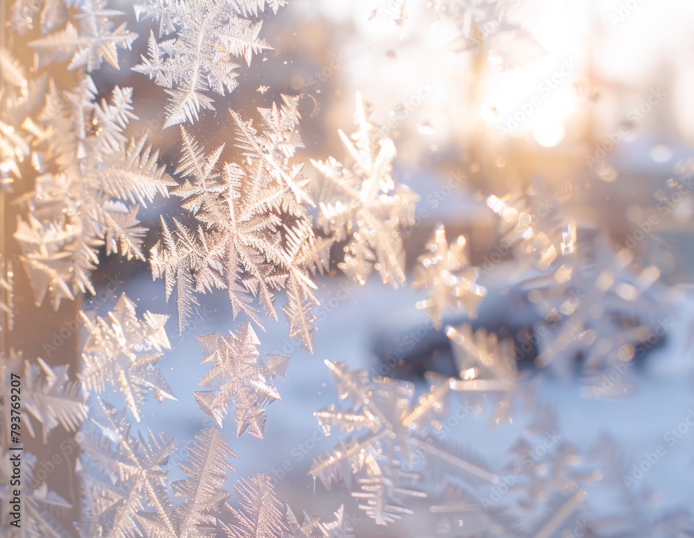 A close up detail of delicate, crystalline structures of the frost snowflake pattern on glass or window on a winter day. A close up detail of delicate, crystalline structures of the frost snowflake pattern on glass or window on a winter day.