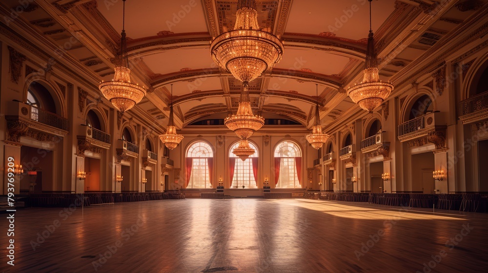 Luxury interior of a classic hall with wooden floor and ceiling