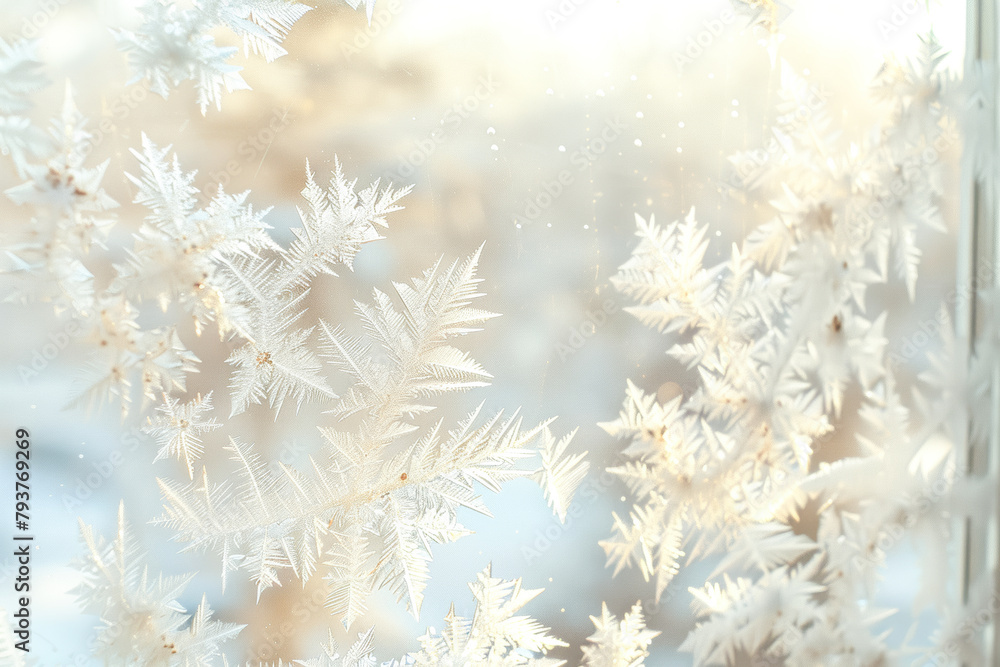 Naklejka premium A close up detail of delicate, crystalline structures of the frost snowflake pattern on glass or window on a winter day.