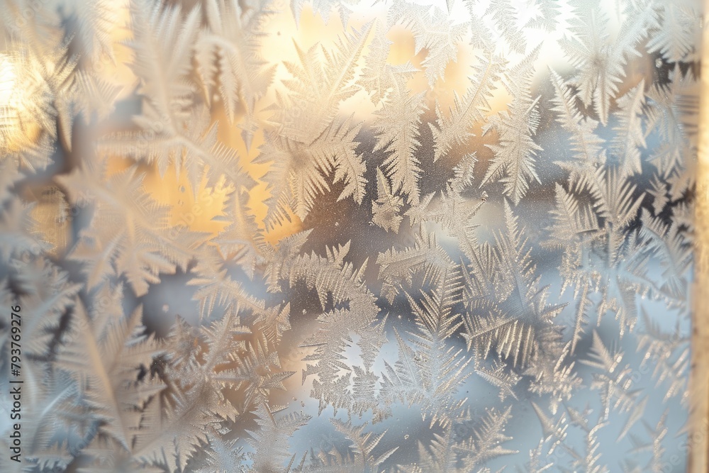 A close up detail of delicate, crystalline structures of the frost snowflake pattern on glass or window on a winter day. A close up detail of delicate, crystalline structures of the frost snowflake pattern on glass or window on a winter day.