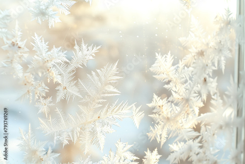 A close up detail of delicate, crystalline structures of the frost snowflake pattern on glass or window on a winter day.
