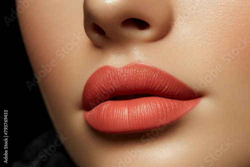 Woman's lips with coral matte lipstick close-up