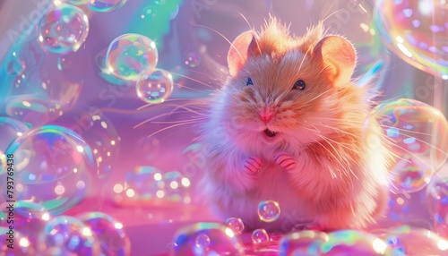 With fluffy pink antennas twitching, Pip the baby space hamster toddled across his zerogravity playpen, giggling as holographic bubbles popped around him photo