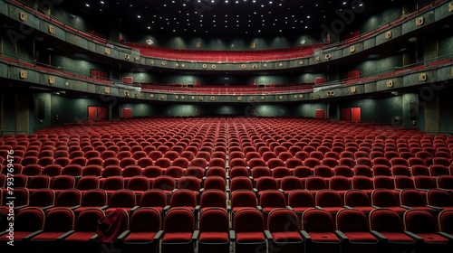 An empty theater with many red seats