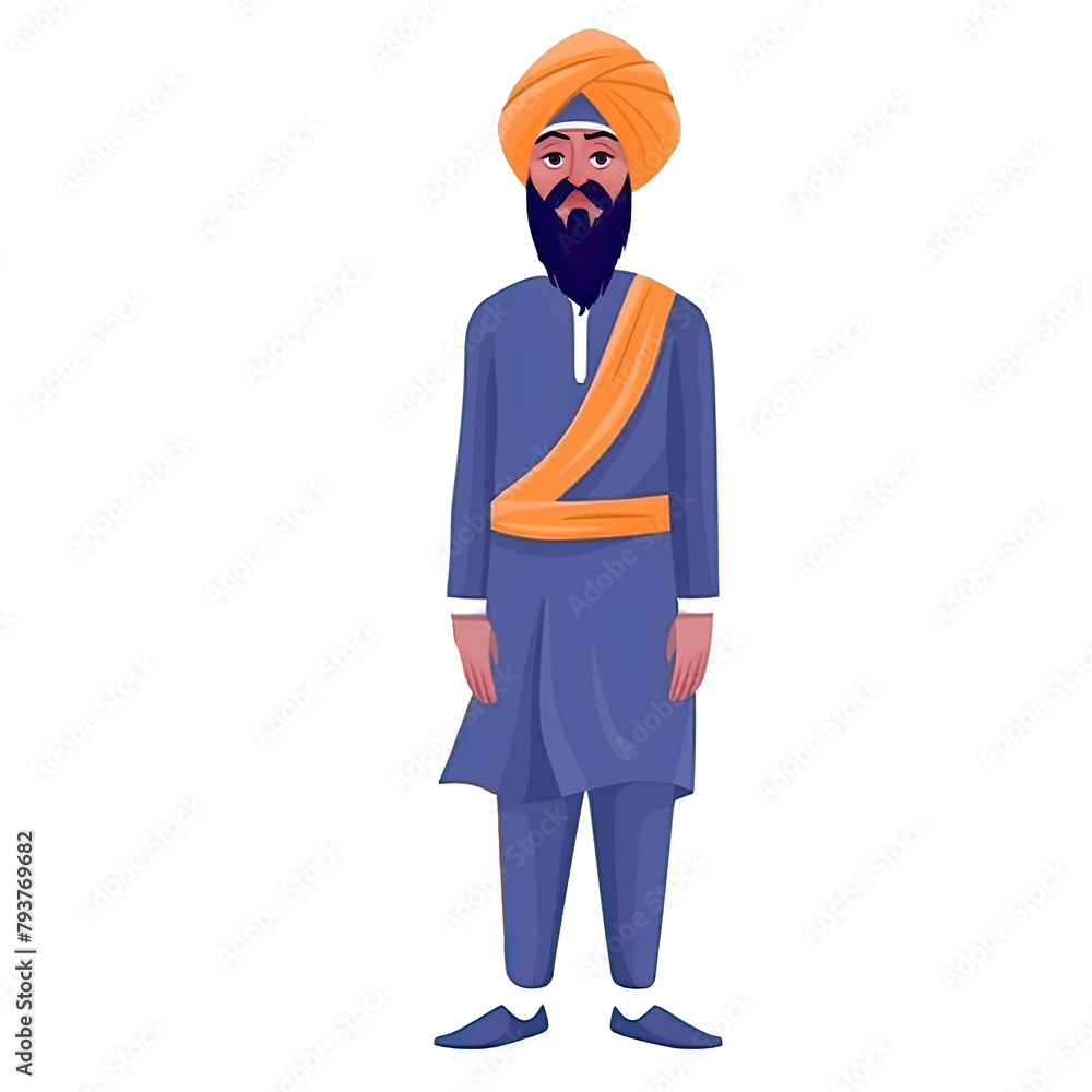 An illustration of a Sikh man wearing an orange turban