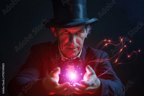 Mysterious Magician Conjuring Magical Sparks with Intense Focus Under Moody Dramatic Lighting