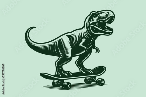 Tyrannosaurus on a skateboard. Funny. Vintage retro engraving illustration. Black icon, isolated element	