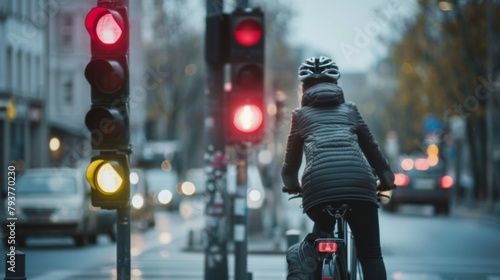 A cyclist waiting at a traffic light intersection, promoting road safety and awareness for all commuters.