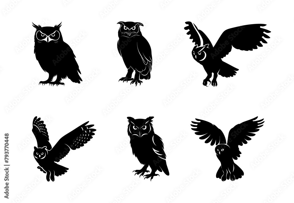 set of owl silhouettes on isolated background set of owl silhouettes on isolated background