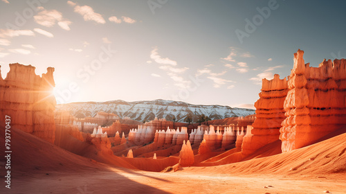 Exploring the Majestic Rocky Mountains and Bryce Canyon National Park under the Radiant Glow of the Sun with the Vast Expanse of Sky and Clouds in the background