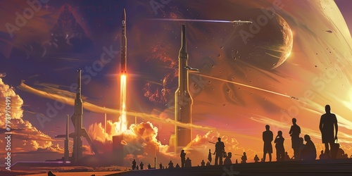 Futuristic Spaceport Rocket Launch on Alien Planet