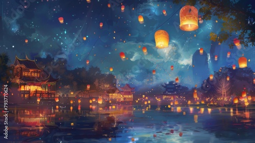 A festival celebration with colorful floating lanterns lighting up the night sky, spreading joy and festivity. photo