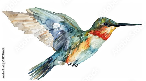 Hummingbird in flight exotic multicolor design isolated on white.