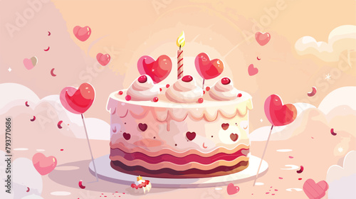 Cartoon vector illustration of birthday cake with heart 