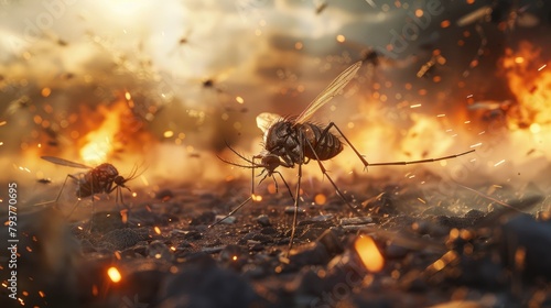 Tyrant of Chaos: Giant Mosquito Surrounded by Destruction and Flames