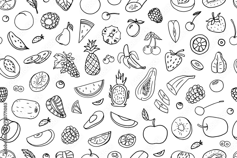 Seamless pattern of fruits and berries in doodle style. Pineapple, strawberry, papaya, avocado, orange, lemon, banana, apple, pear, watermelon, kiwi, cherry and other. Vector illustration. Hand drawn