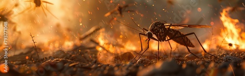 Apocalyptic Overlord Giant Mosquito, malaria, aedes, dengue Reigns Amidst Ruins and Flames