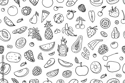 Seamless pattern of fruits and berries in doodle style. Pineapple  strawberry  papaya  avocado  orange  lemon  banana  apple  pear  watermelon  kiwi  cherry and other. Vector illustration. Hand drawn