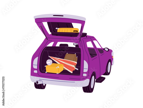 Car stands, waits to preparing to summer travel, packing baggage in open back door. automobile trunk with luggage to moving, leaving in auto trip. Flat isolated vector illustration on white background