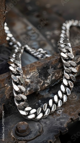Elegant 925 sterling silver cuban chain link on a background surface showcasing a luxurious design and reflective quality. Product design inspiration for jewelry
