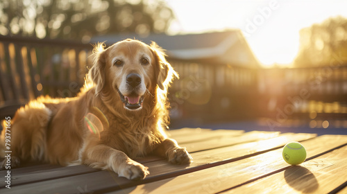 Resting purebred golden retriever dog with tennis ball after playtime in the outdoors photo