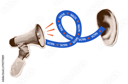 2024 election pop art collage. Vector banner with halftone hand holding loudspeaker and ear calling to election voting. Mixed media retro design for Election 2024 campaign. Vote day concept