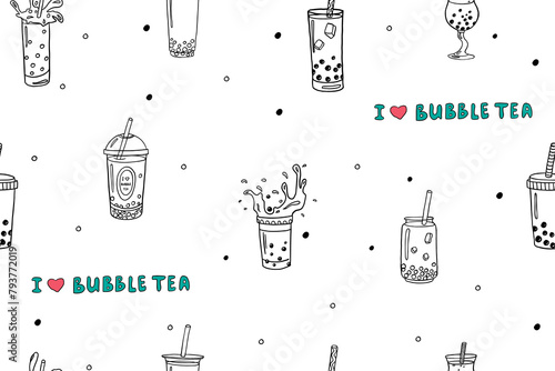 Seamless pattern of bubble tea theme elements and lettering in doodle style. Boba milk tea, pearl milk tea and yummy drinks banner. Tea with tapioca splashing liquid. Vector illustration. Hand drawn