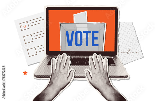 Trendy Halftone Collage banner for online election. Laptop with Hands in Torn Paper retro style. Online voting and election concept. Vector illustration.