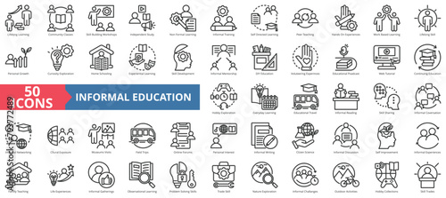 Informal Education icon collection set. Containing community classes, skill building workshops, independent study, non formal, training, self directed, peer teaching icon. Simple line vector.
