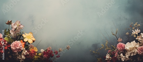Flowers in a vase on table with blue background