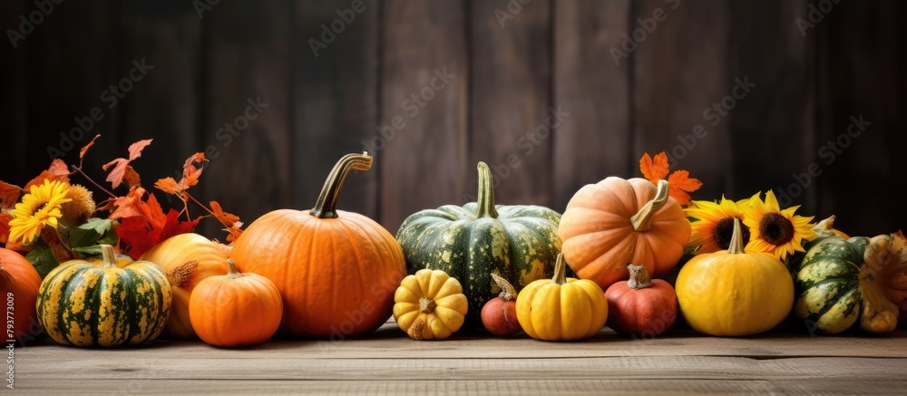 Pumpkins and gourds arranged with autumn leaves