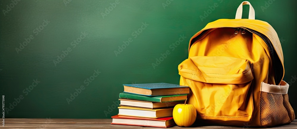 Yellow backpack with books and apple on table by green wall Yellow backpack with books and apple on table by green wall