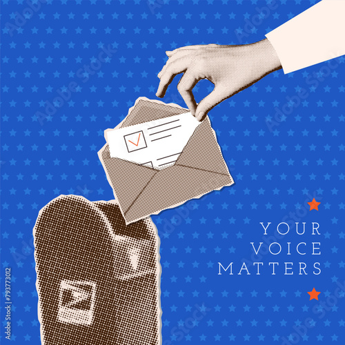 Vote by mail - trendy vintage halftone banner concept. Hand Distant voting by putting letter in postbox. Open envelope with a ballot paper is dropped into the mailbox. Vector illustration © LanaSham