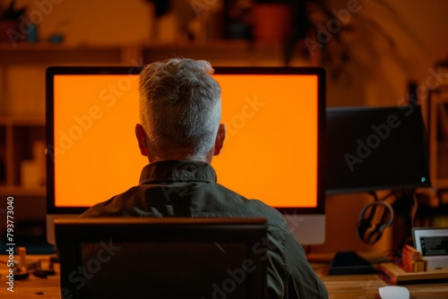 App demo man in his 50s in front of a computer with a completely orange screen