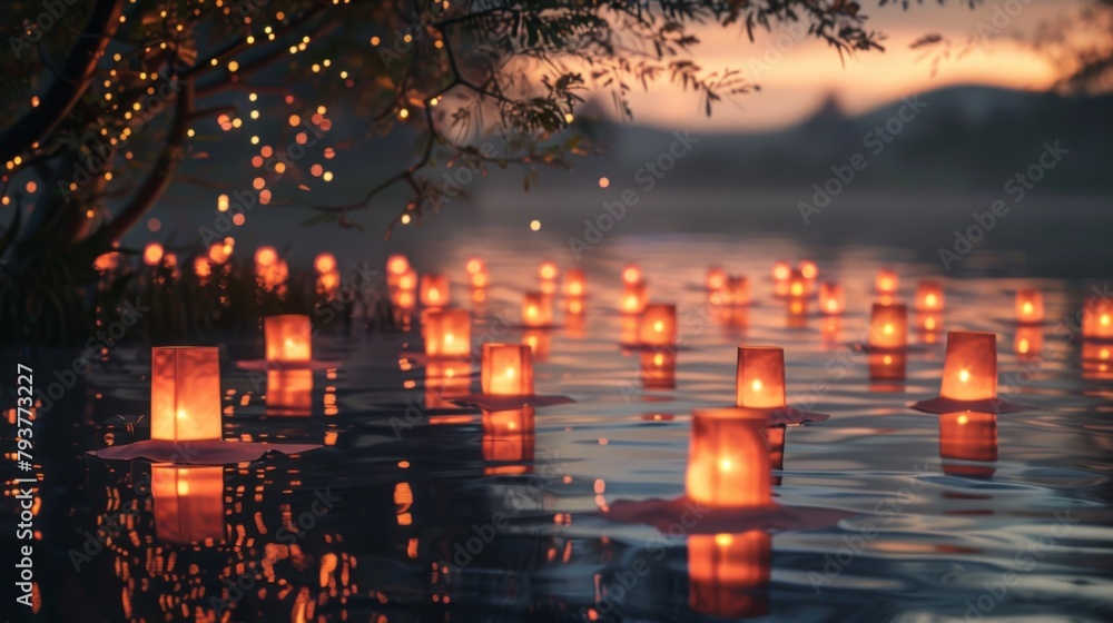 Fototapeta premium A serene lake scene at dusk, adorned with glowing floating lanterns, evoking tranquility and reflection.