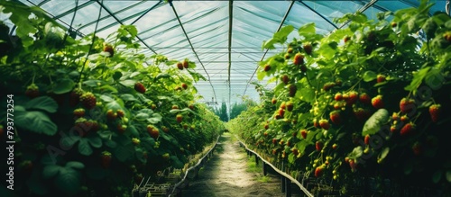 A greenhouse showcasing abundant strawberry growth photo