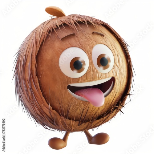 Coconut with eyes and tongue, 3d, cute comic, cartoon fruit, on a white background.