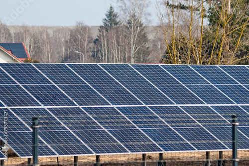 solar panels in a field against a background of green forest and blue sky