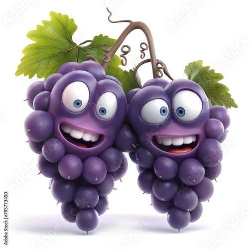 Two bunches of grapes with eyes, 3d, cute comic, cartoon fruit, on a white background.