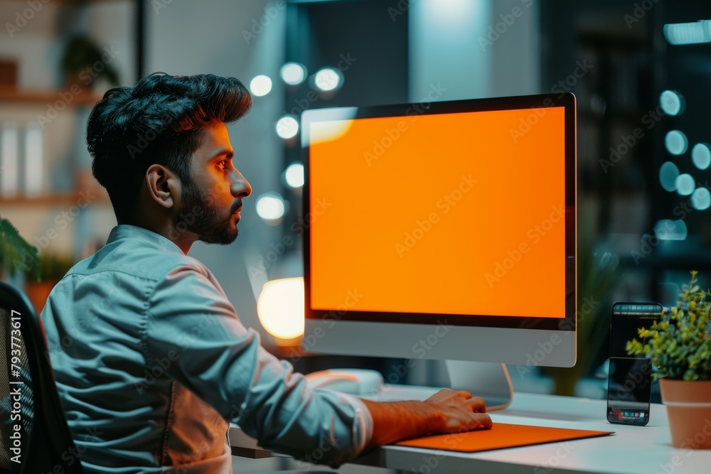 Digital mockup indian man in his 30s in front of a computer with a fully orange screen Digital mockup indian man in his 30s in front of a computer with a fully orange screen