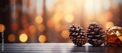 Two pine cones and a golden ball on a table photo